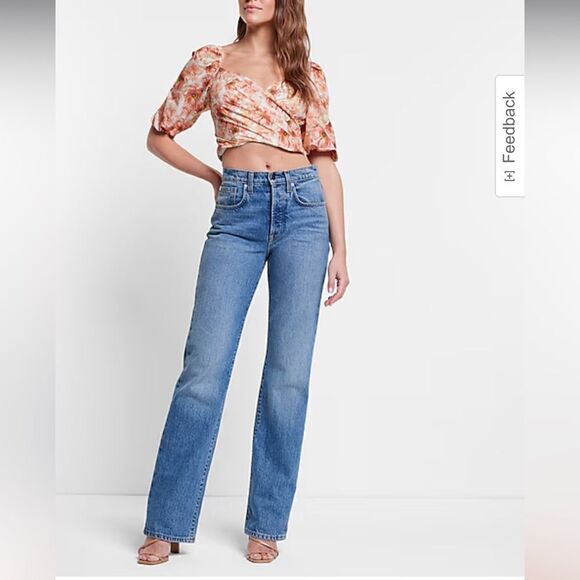 NWT Express Satin Floral Print Faux Wrap Tie Back Cropped Top - Picture 3 of 11